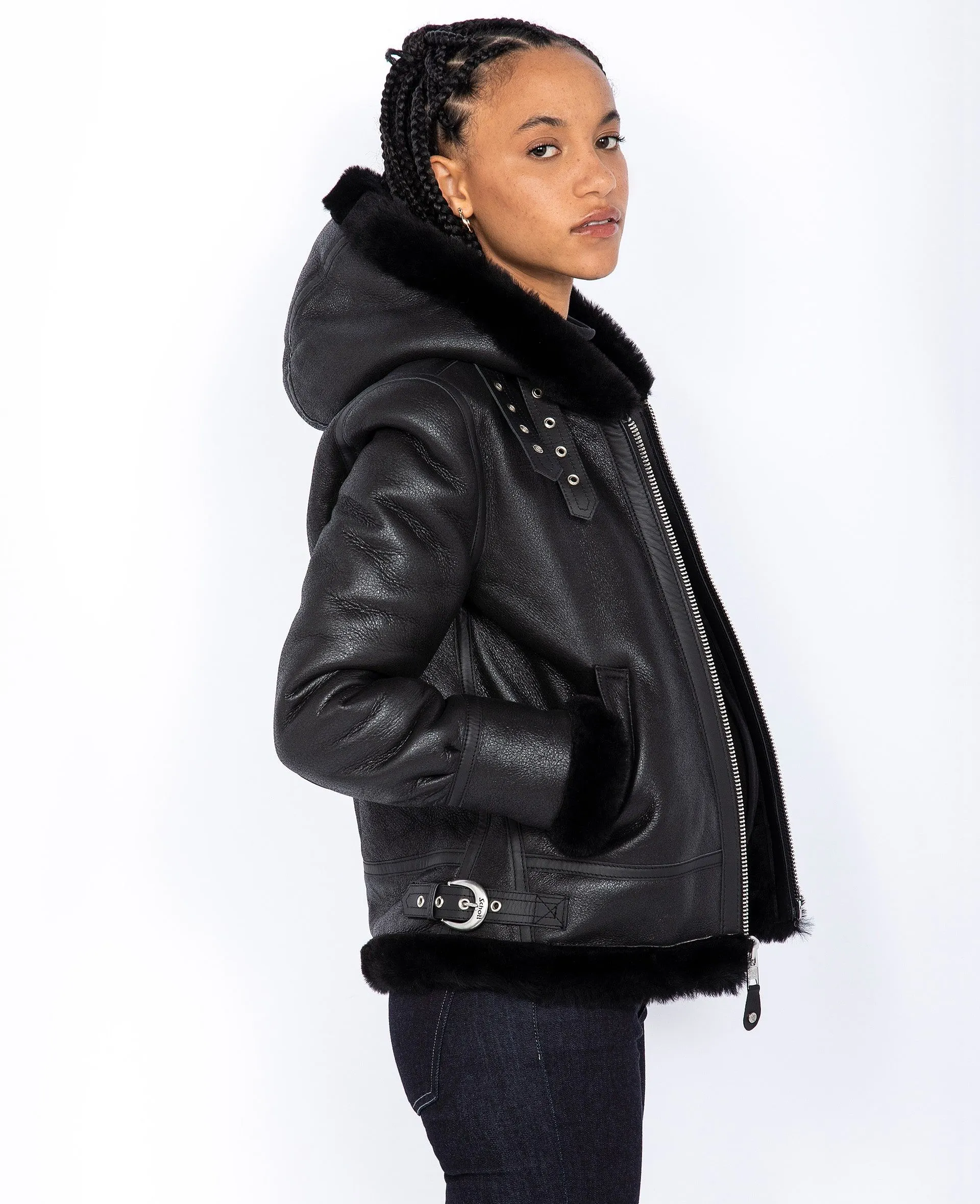 Blouson bombardier B-3 à capuche, cuir de mouton